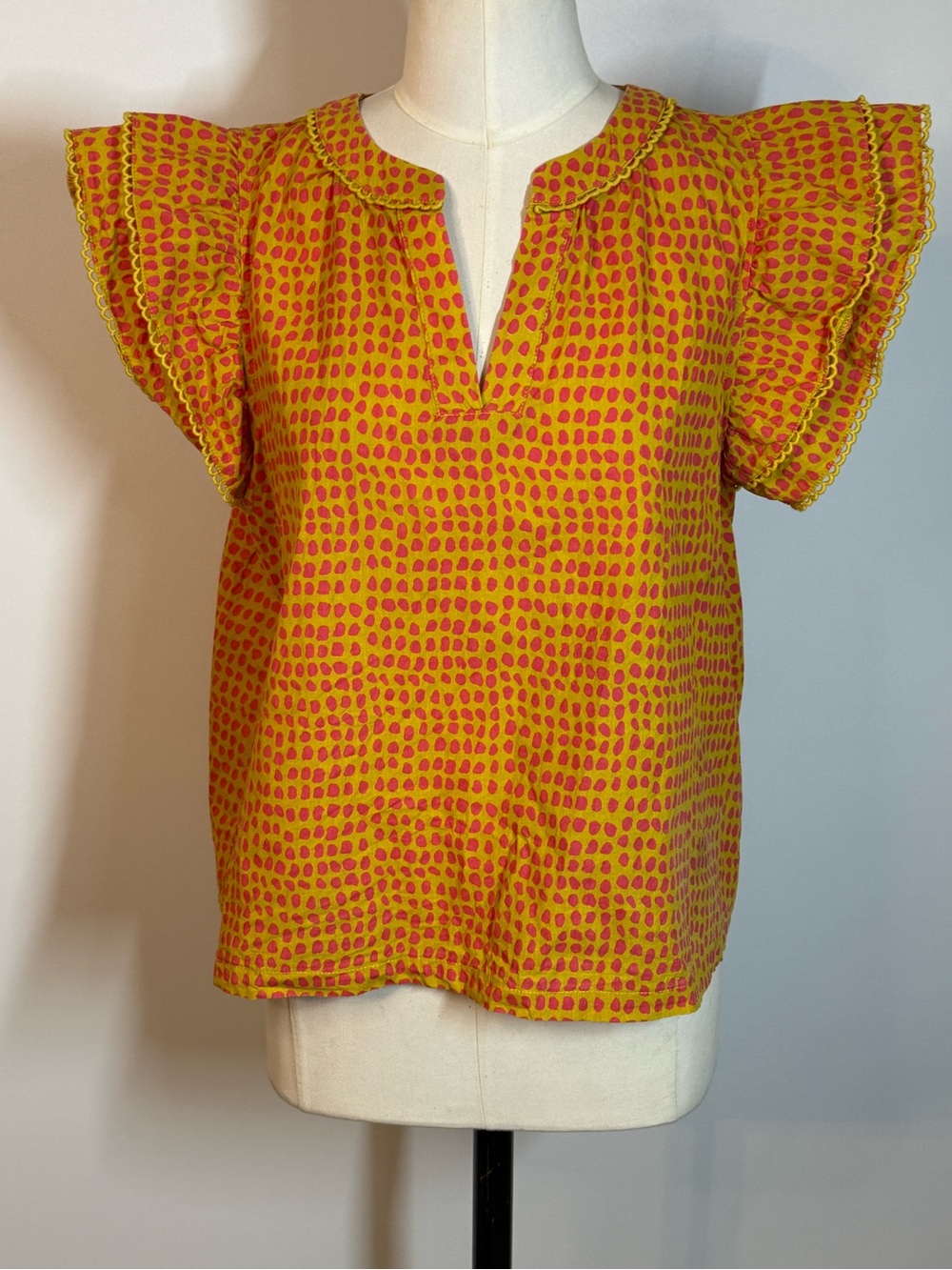Pinch Yellow Top with Pink Dot Flutter Sleeves